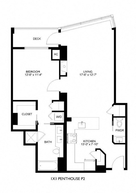 Floor plan for 1 bed, 1 bath, 879 sqft